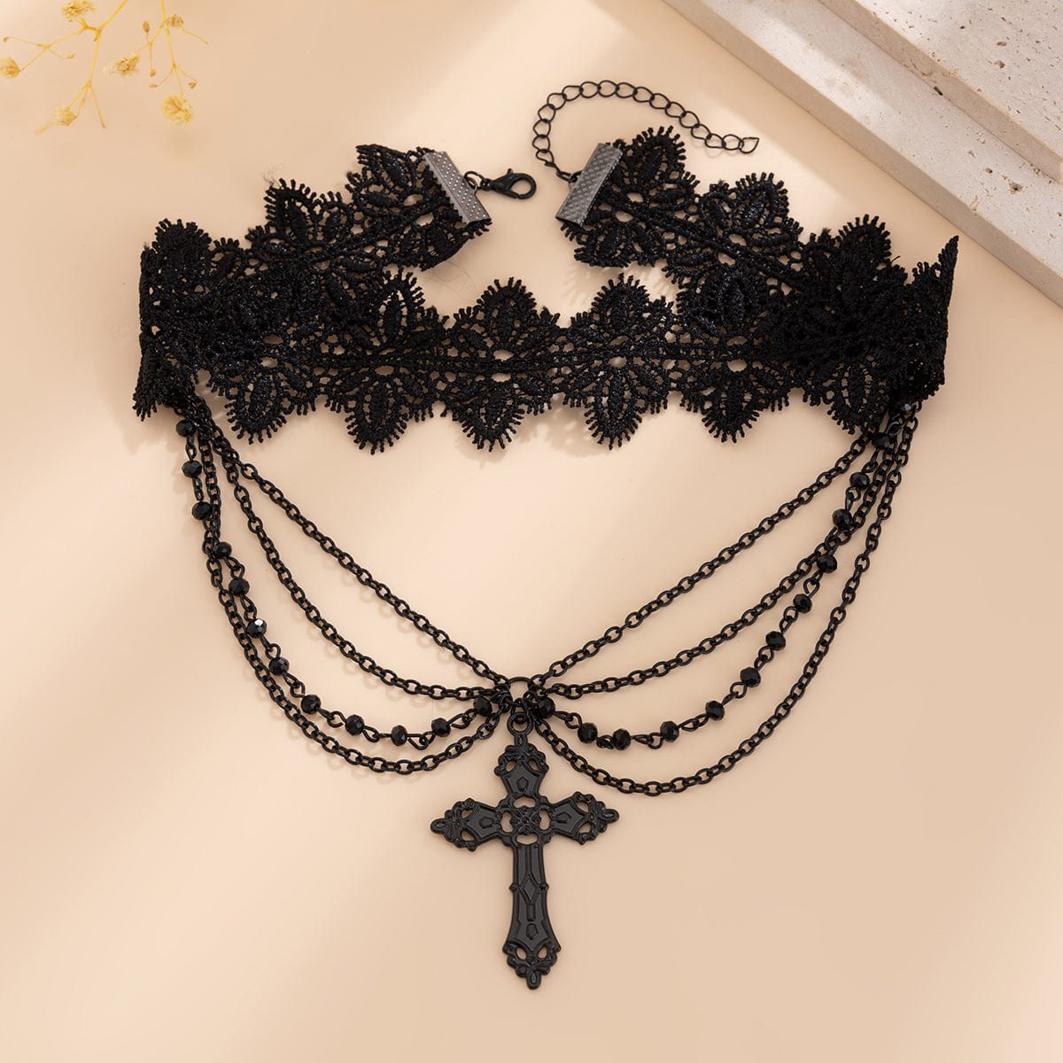 Gothic Layered Cross Pendant Floral Lace Choker Necklace - ArtGalleryZen