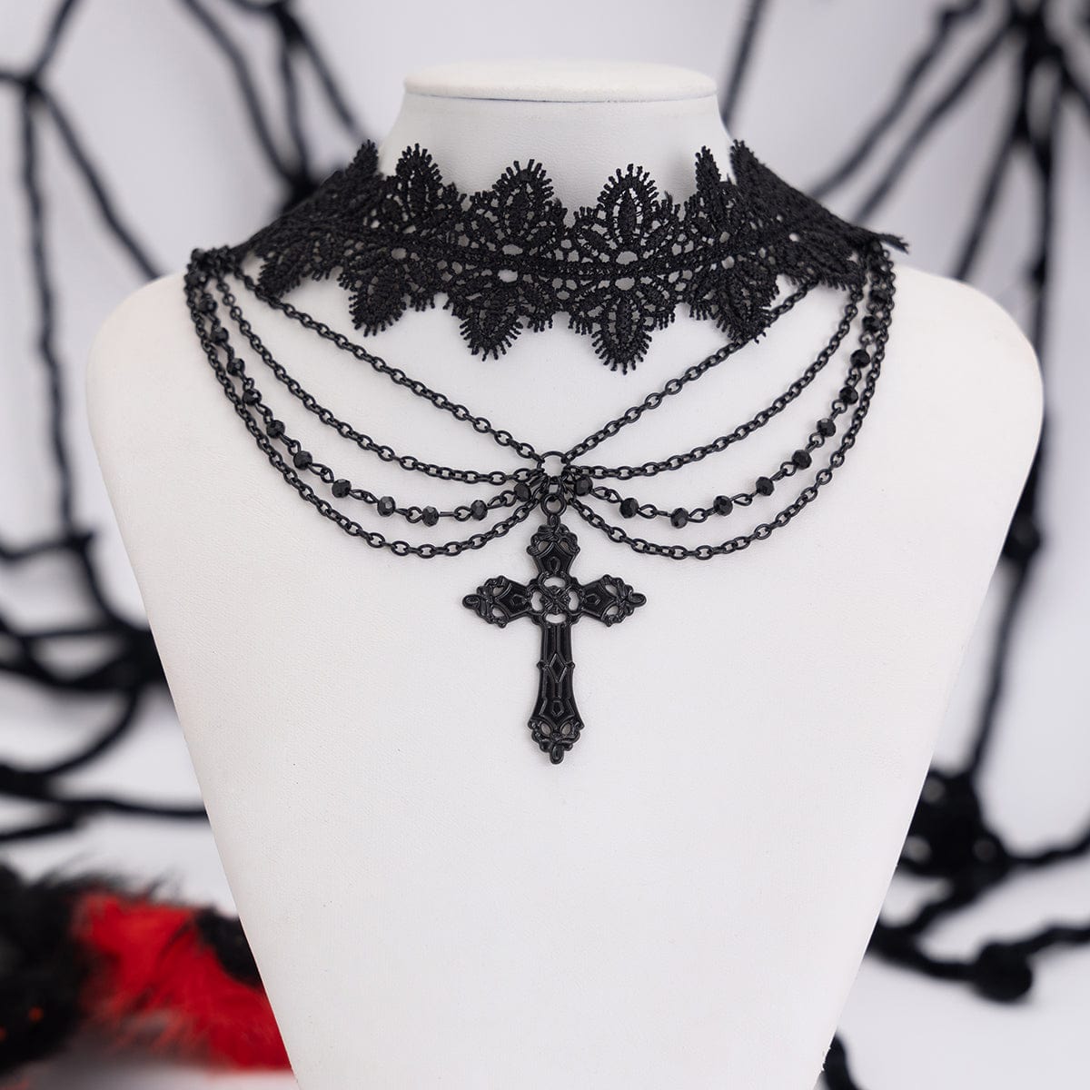 Gothic Layered Cross Pendant Floral Lace Choker Necklace - ArtGalleryZen