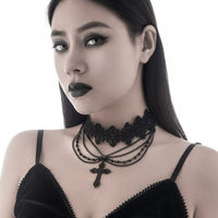 Thumbnail for Gothic Layered Cross Pendant Floral Lace Choker Necklace - ArtGalleryZen