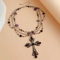 Thumbnail for Gothic Layered Cross Pendant Star Crystal Chain Necklace - ArtGalleryZen