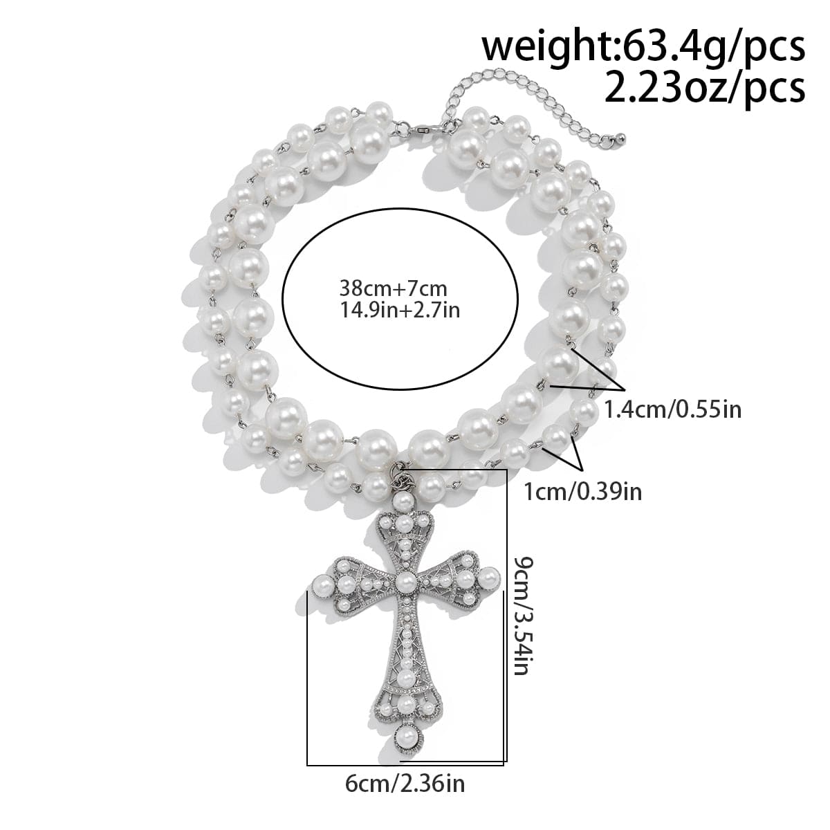 Gothic Layered Crystal Inlay Cross Pendant Pearl Chain Choker Necklace - ArtGalleryZen