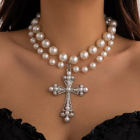 Thumbnail for Gothic Layered Crystal Inlay Cross Pendant Pearl Chain Choker Necklace - ArtGalleryZen