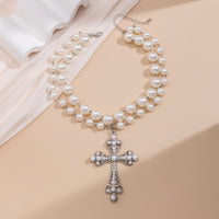 Thumbnail for Gothic Layered Crystal Inlay Cross Pendant Pearl Chain Choker Necklace - ArtGalleryZen