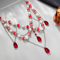 Thumbnail for Gothic Layered Crystal Tassel Dripping Blood Pearl Chain Choker Necklace - ArtGalleryZen
