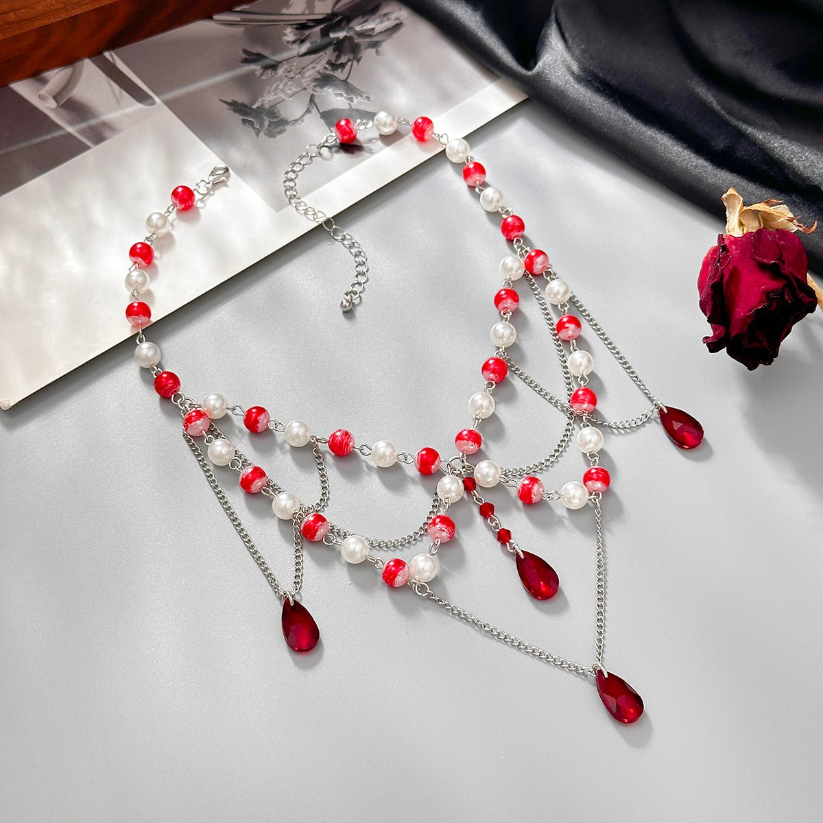 Gothic Layered Crystal Tassel Dripping Blood Pearl Chain Choker Necklace - ArtGalleryZen
