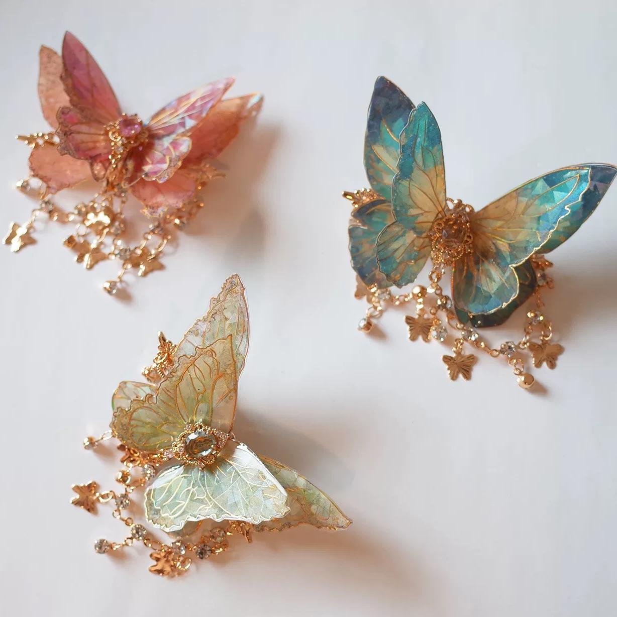 Gradient Double - Layer Butterfly Rhinestone Tassel Resin Hair Clip - ArtGalleryZen