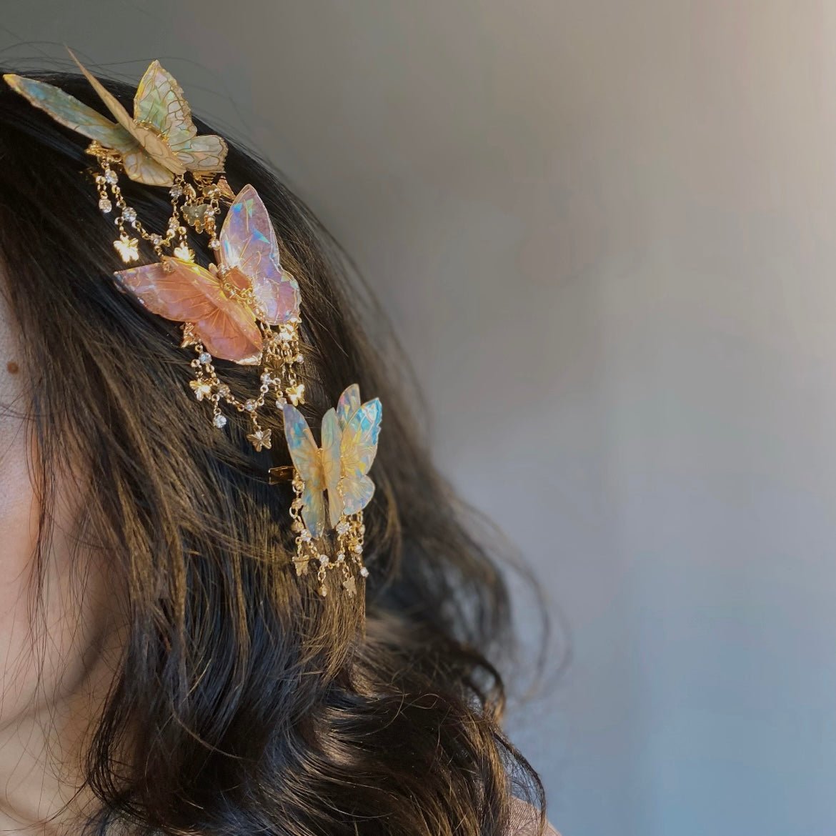 Gradient Double - Layer Butterfly Rhinestone Tassel Resin Hair Clip - ArtGalleryZen