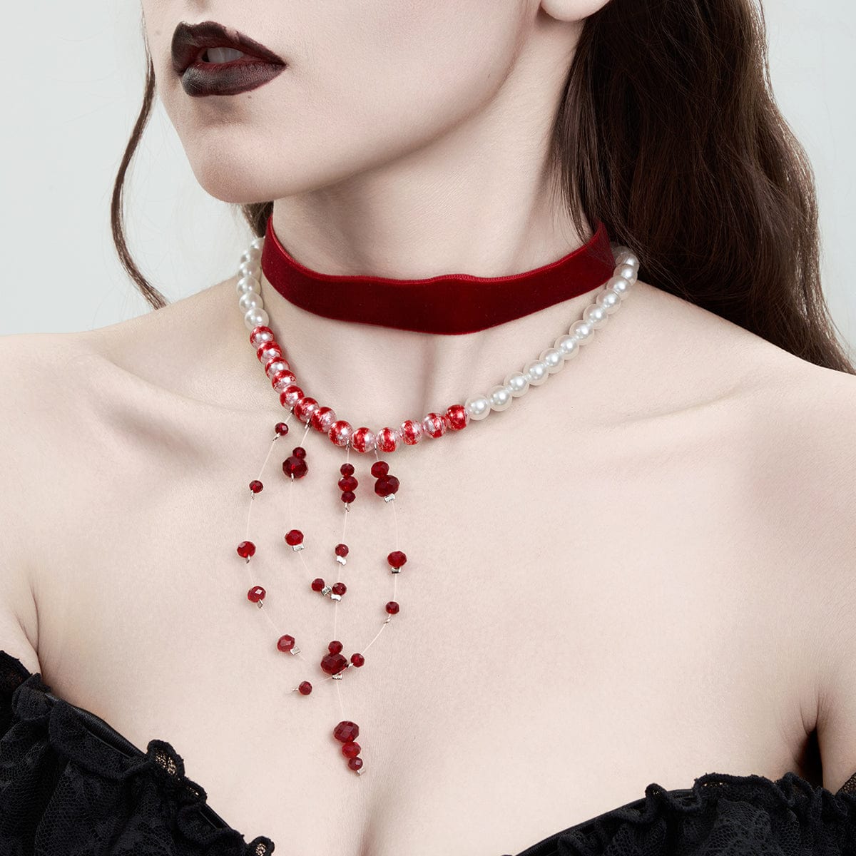 Halloween 2Pcs Blood Drop Crystal Tassel Pearl Chain Velvet Choker Necklace Set - ArtGalleryZen