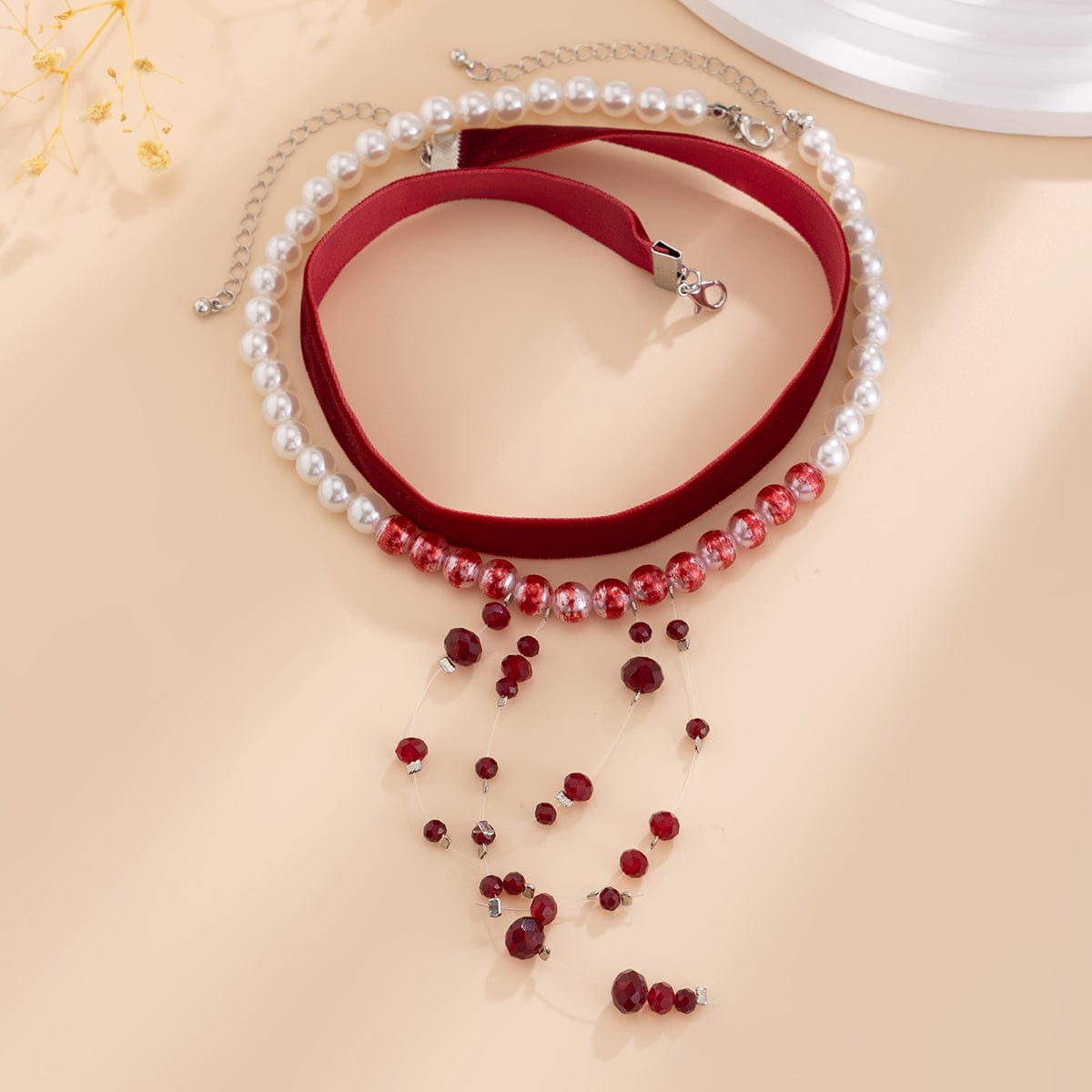 Halloween 2Pcs Blood Drop Crystal Tassel Pearl Chain Velvet Choker Necklace Set - ArtGalleryZen