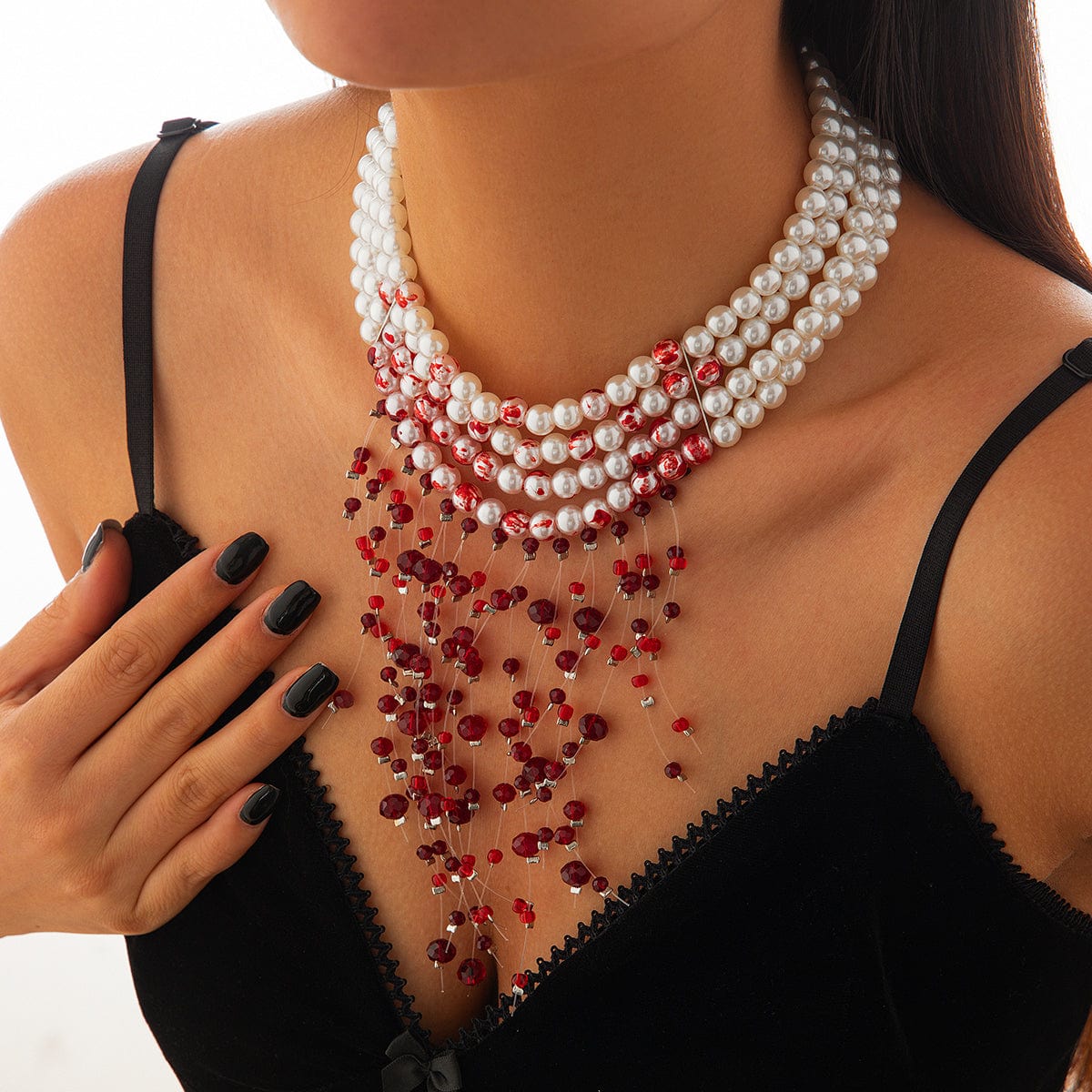 Halloween Chunky Crystal Tassel Dripping Blood Pearl Chain Choker Necklace - ArtGalleryZen