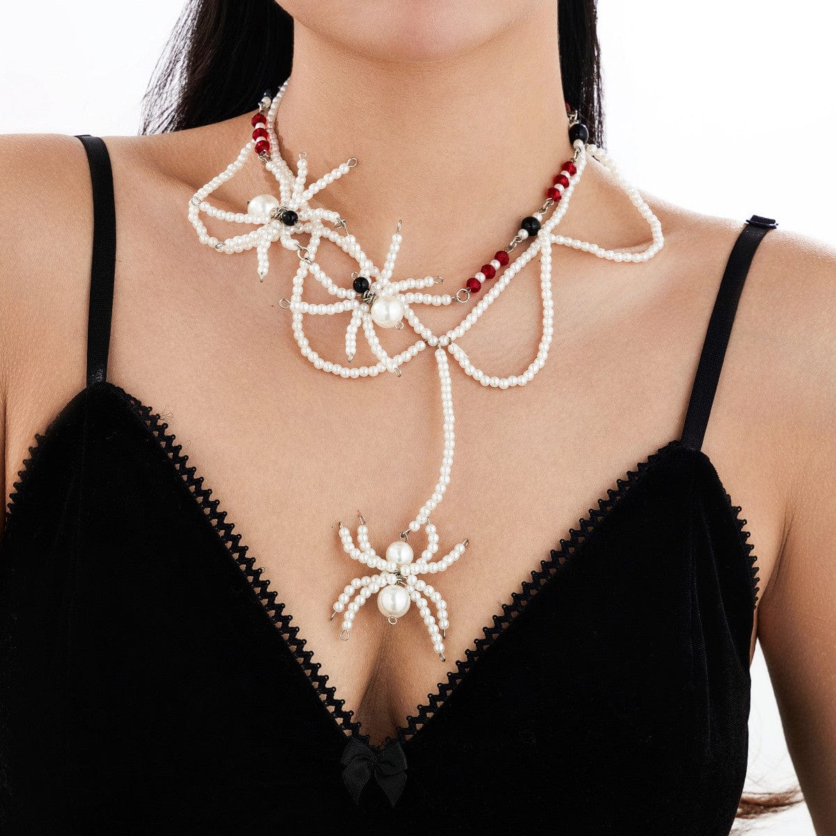 Halloween Layered Spider Pendant Crystal Pearl Chain Y Necklace - ArtGalleryZen