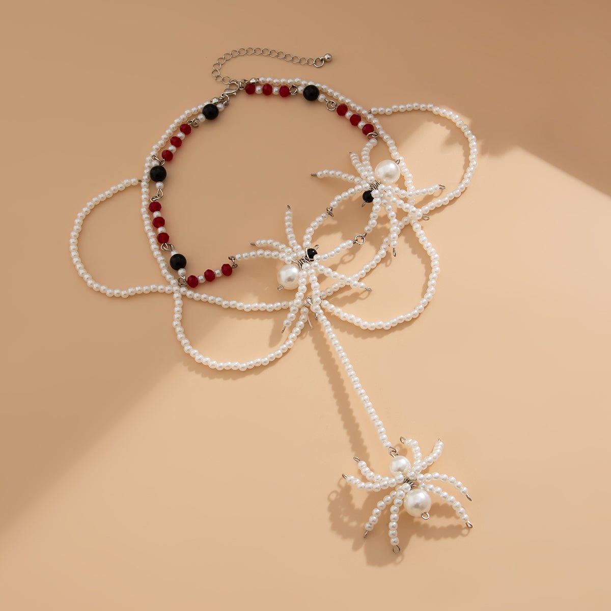 Halloween Layered Spider Pendant Crystal Pearl Chain Y Necklace - ArtGalleryZen