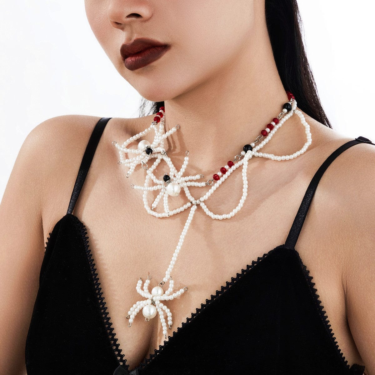 Halloween Layered Spider Pendant Crystal Pearl Chain Y Necklace - ArtGalleryZen
