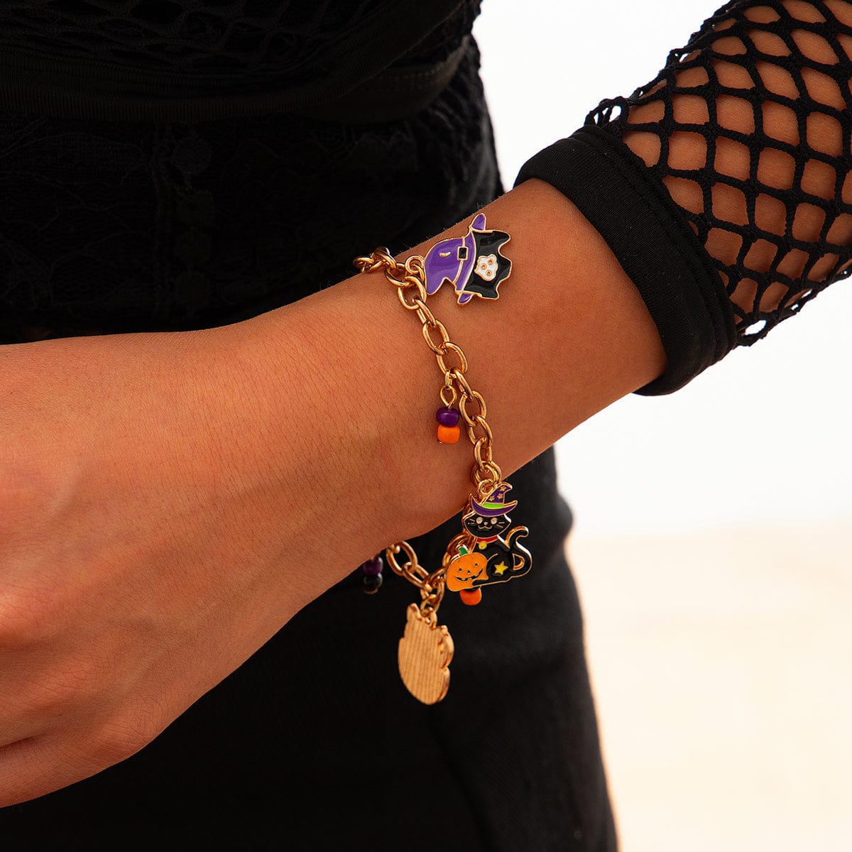 Halloween Toggle Clasp Witch Kitten Pumpkin Charm Bracelet - ArtGalleryZen