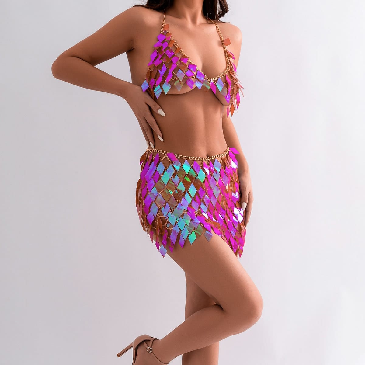 Handmade Colorful Rhombic Squamous Backless Sequin Bra - ArtGalleryZen