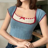 Thumbnail for Handmade Crochet Mohair Blue Short Sleeve Sweater - ArtGalleryZen