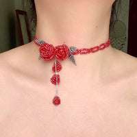 Thumbnail for Handmade Crystal Beaded Rose Petal Tassel Y Choker Necklace - ArtGalleryZen