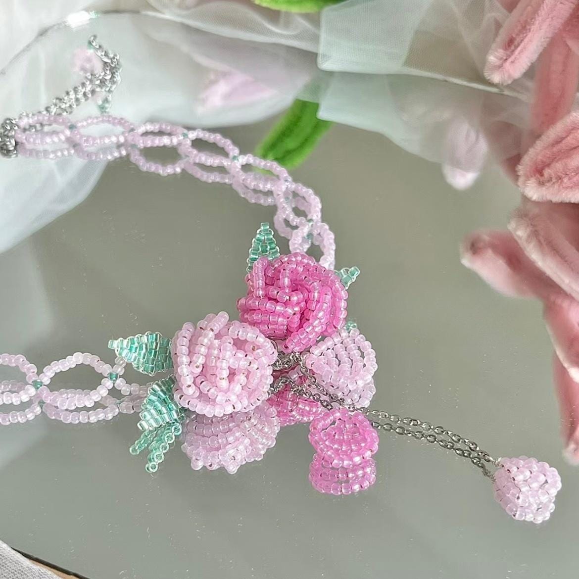 Handmade Crystal Beaded Rose Petal Tassel Y Choker Necklace - ArtGalleryZen