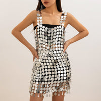 Thumbnail for Handmade Gold Silver Plated Sequins Tassel Patchwork Nightclub Party Strappy Dress - ArtGalleryZen