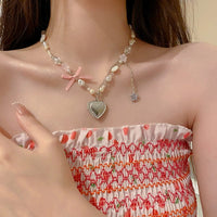 Thumbnail for Handmade Heart Locket Pendant Crystal Star Pearl Chain Choker Necklace - ArtGalleryZen