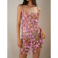 Thumbnail for Handmade Pink Black Star Sequins Patchwork Rave Party Mini Dress - ArtGalleryZen