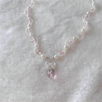 Thumbnail for Handmade Pink Crystal Strawberry Pendant Pearl Chain Choker Necklace - ArtGalleryZen