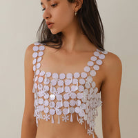 Thumbnail for Handmade White Black Mirror Sequins Tassel Party Tank Top - ArtGalleryZen