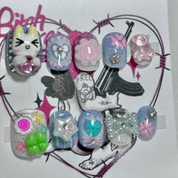 Thumbnail for Handmade Y2K Doro Cat Clover 3D Press on Nails Short False Nail - ArtGalleryZen