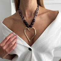 Thumbnail for Heart Pendant Leopard Print Chiffon Wooden Beads Choker Necklace - ArtGalleryZen