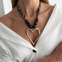 Thumbnail for Heart Pendant Leopard Print Chiffon Wooden Beads Choker Necklace - ArtGalleryZen