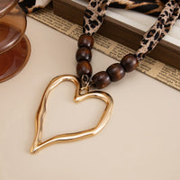 Thumbnail for Heart Pendant Leopard Print Chiffon Wooden Beads Choker Necklace - ArtGalleryZen