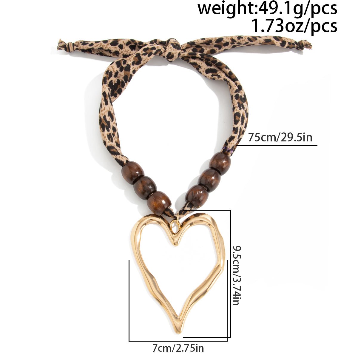 Heart Pendant Leopard Print Chiffon Wooden Beads Choker Necklace - ArtGalleryZen
