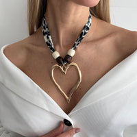 Thumbnail for Heart Pendant Wooden Beads Leopard Print Chiffon Choker Necklace - ArtGalleryZen
