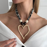Thumbnail for Heart Pendant Wooden Beads Leopard Print Chiffon Choker Necklace - ArtGalleryZen