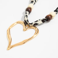Thumbnail for Heart Pendant Wooden Beads Leopard Print Chiffon Choker Necklace - ArtGalleryZen