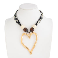 Thumbnail for Heart Pendant Wooden Beads Leopard Print Chiffon Choker Necklace - ArtGalleryZen