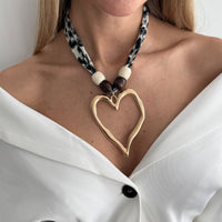 Thumbnail for Heart Pendant Wooden Beads Leopard Print Chiffon Choker Necklace - ArtGalleryZen