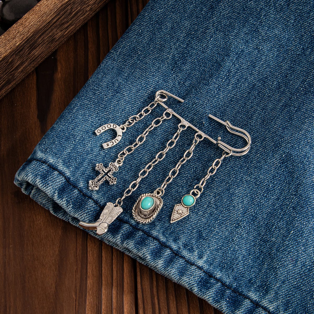 Hip Hop Turquoise Cowboy Hat Boot Cross Tassel Trouser Pin - ArtGalleryZen