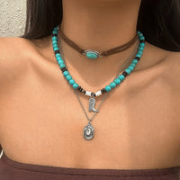 Thumbnail for Hippie 3Pcs Cowboy Hat Boots Pendant Turquoise Wood Bead Necklace Set - ArtGalleryZen