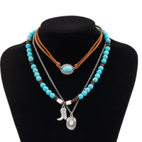 Thumbnail for Hippie 3Pcs Cowboy Hat Boots Pendant Turquoise Wood Bead Necklace Set - ArtGalleryZen