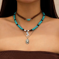 Thumbnail for Hippie 3Pcs Cowboy Hat Boots Pendant Turquoise Wood Bead Necklace Set - ArtGalleryZen