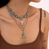 Thumbnail for Hippie 4pcs Turquoise Boot Cowboy Hat Lucky Horseshoe Pendant Necklace Set - ArtGalleryZen
