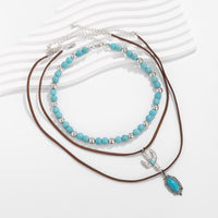 Thumbnail for Hippie Cactus Oval Pendant Turquoise Chain Velvet Necklace Set - ArtGalleryZen