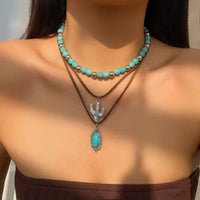 Thumbnail for Hippie Cactus Oval Pendant Turquoise Chain Velvet Necklace Set - ArtGalleryZen
