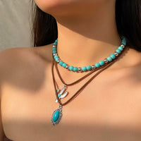 Thumbnail for Hippie Cactus Oval Pendant Turquoise Chain Velvet Necklace Set - ArtGalleryZen