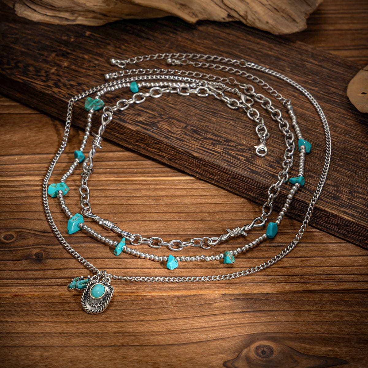 Hippie Layered Cactus Cowboy Hat Pendant Turquoise Necklace Set - ArtGalleryZen