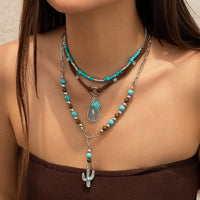 Thumbnail for Hippie Layered Cactus Waterdrop Pendant Turquoise Wood Bead Velvet Necklace Set - ArtGalleryZen
