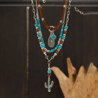 Thumbnail for Hippie Layered Cactus Waterdrop Pendant Turquoise Wood Bead Velvet Necklace Set - ArtGalleryZen