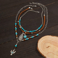 Thumbnail for Hippie Layered Cactus Waterdrop Pendant Turquoise Wood Bead Velvet Necklace Set - ArtGalleryZen