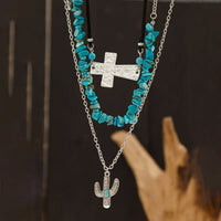 Thumbnail for Hippie Layered Turquoise Cactus Pendant Cross Velvet Necklace Set - ArtGalleryZen